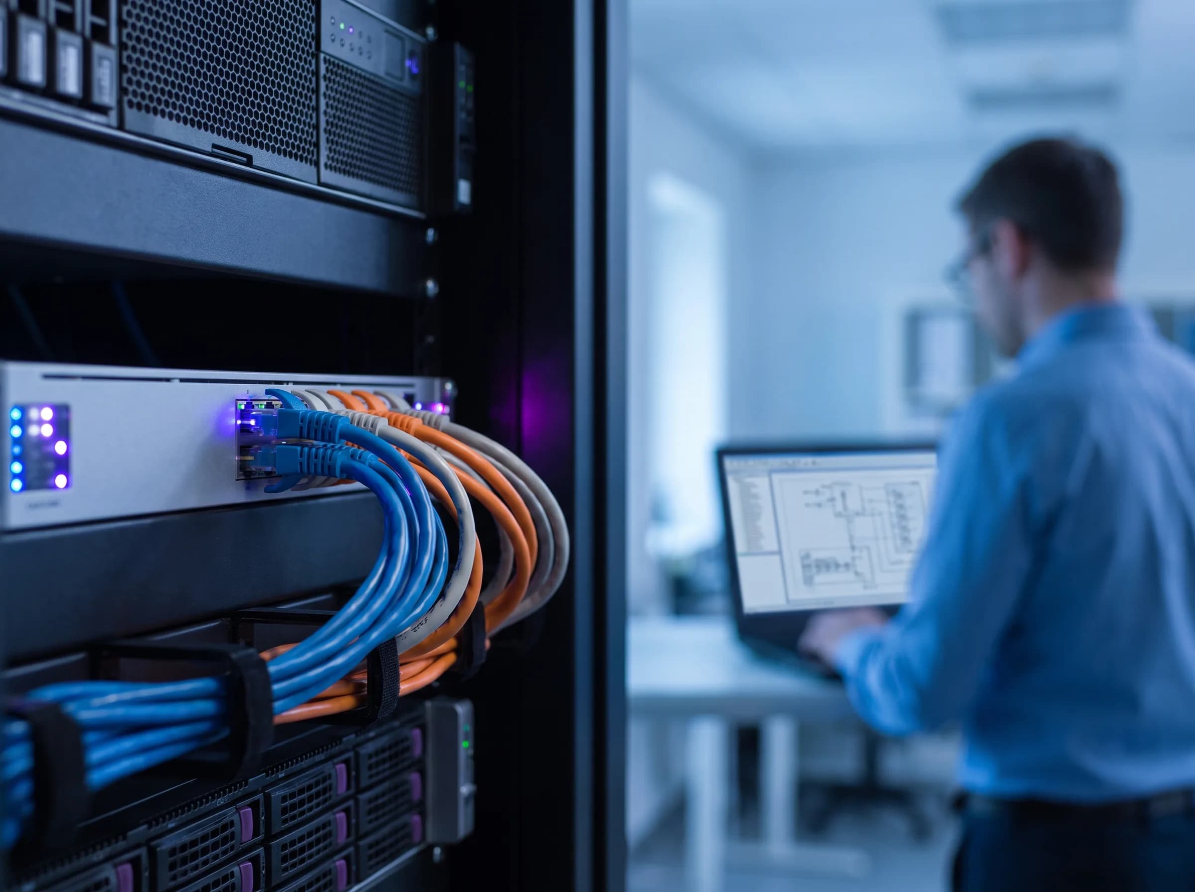Network engineer connecting server infrastructure while reviewing integration diagrams