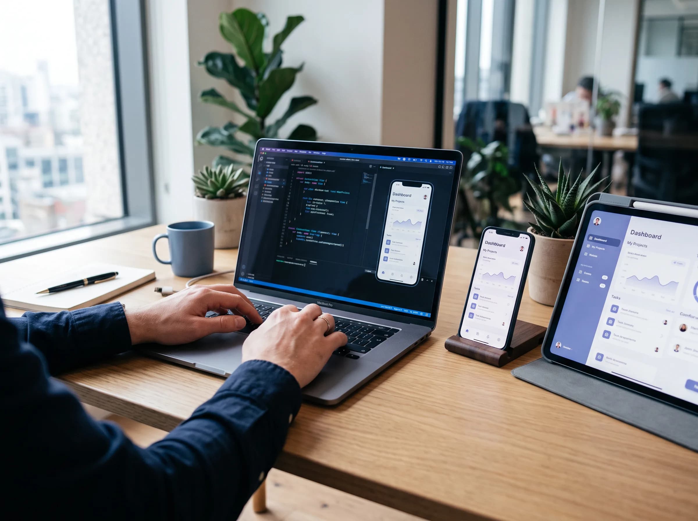 Developer building a web and mobile app interface across a laptop, phone, and tablet