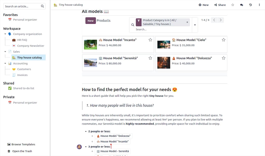 Odoo Knowledge article editor with an embedded live product list
