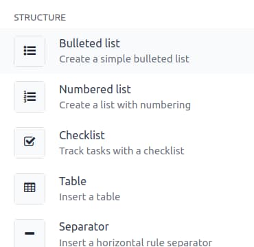 Slash command menu for adding lists, tables, and checklists