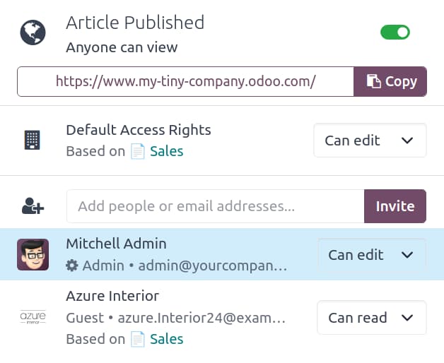 Odoo Knowledge access rights panel showing who can view or edit an article