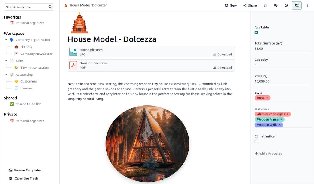 Odoo Knowledge article with custom properties like price, capacity, and materials