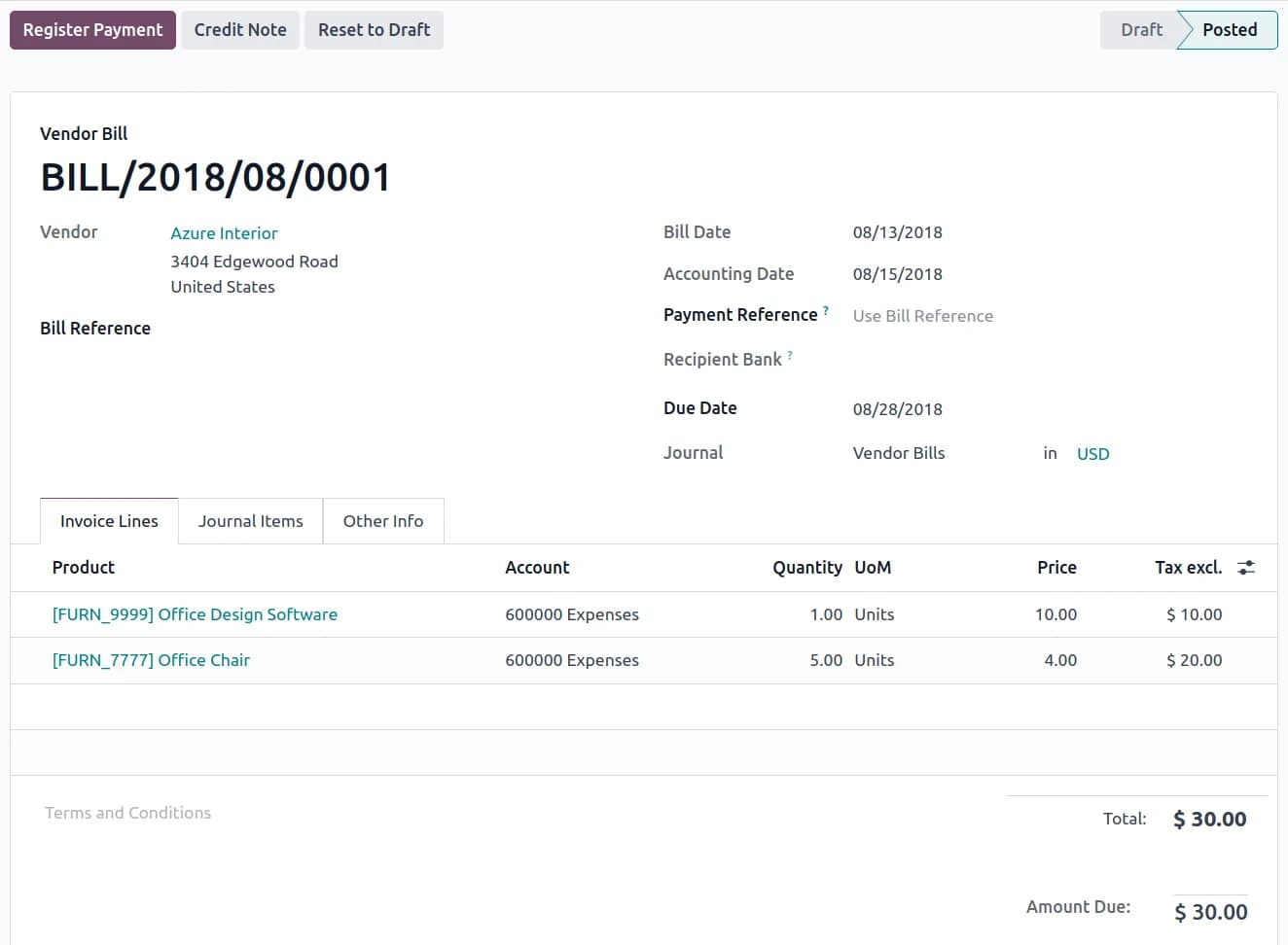Auto-generated vendor bill in Odoo Accounting