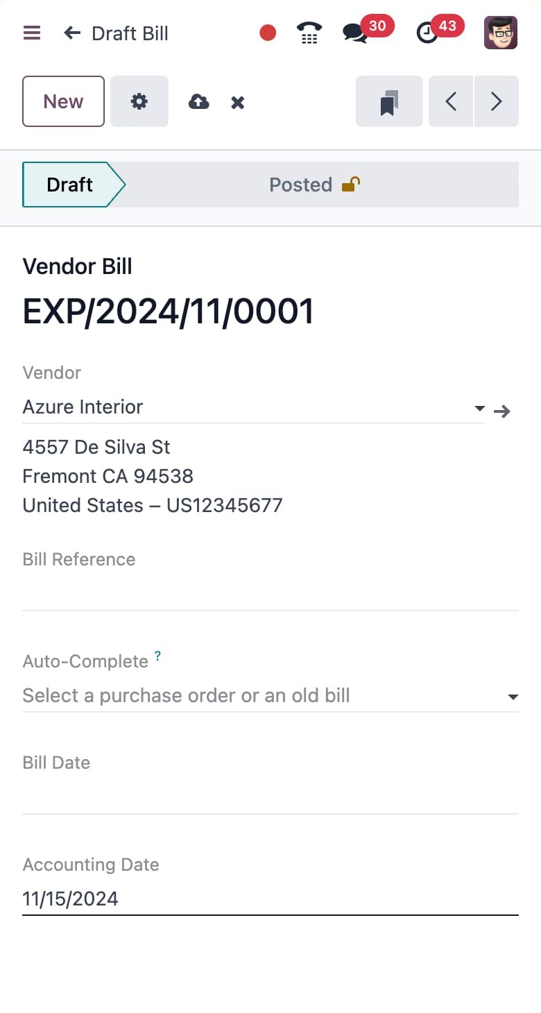 Odoo Accounting mobile app showing a draft vendor bill