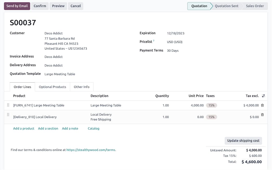 Odoo Sales Order showing customer, order lines, tax, and totals
